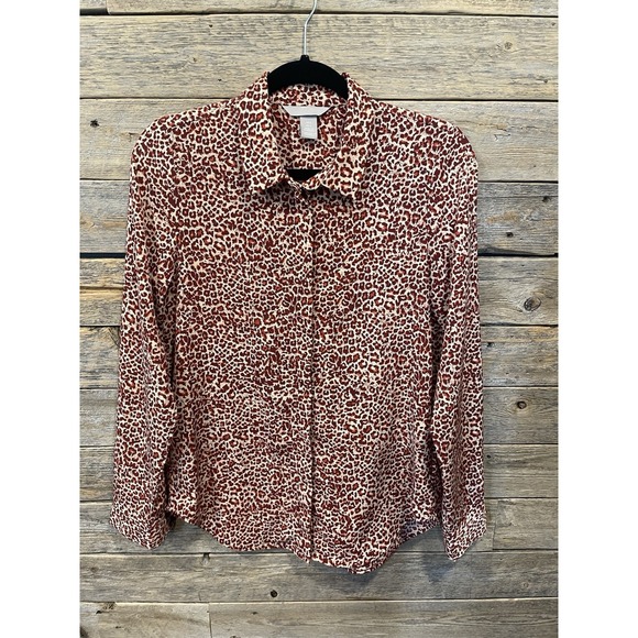 H&M Women's Red Leopard Print Blouse Long Sleeve Button Down Size‎ 2 - Picture 1 of 8